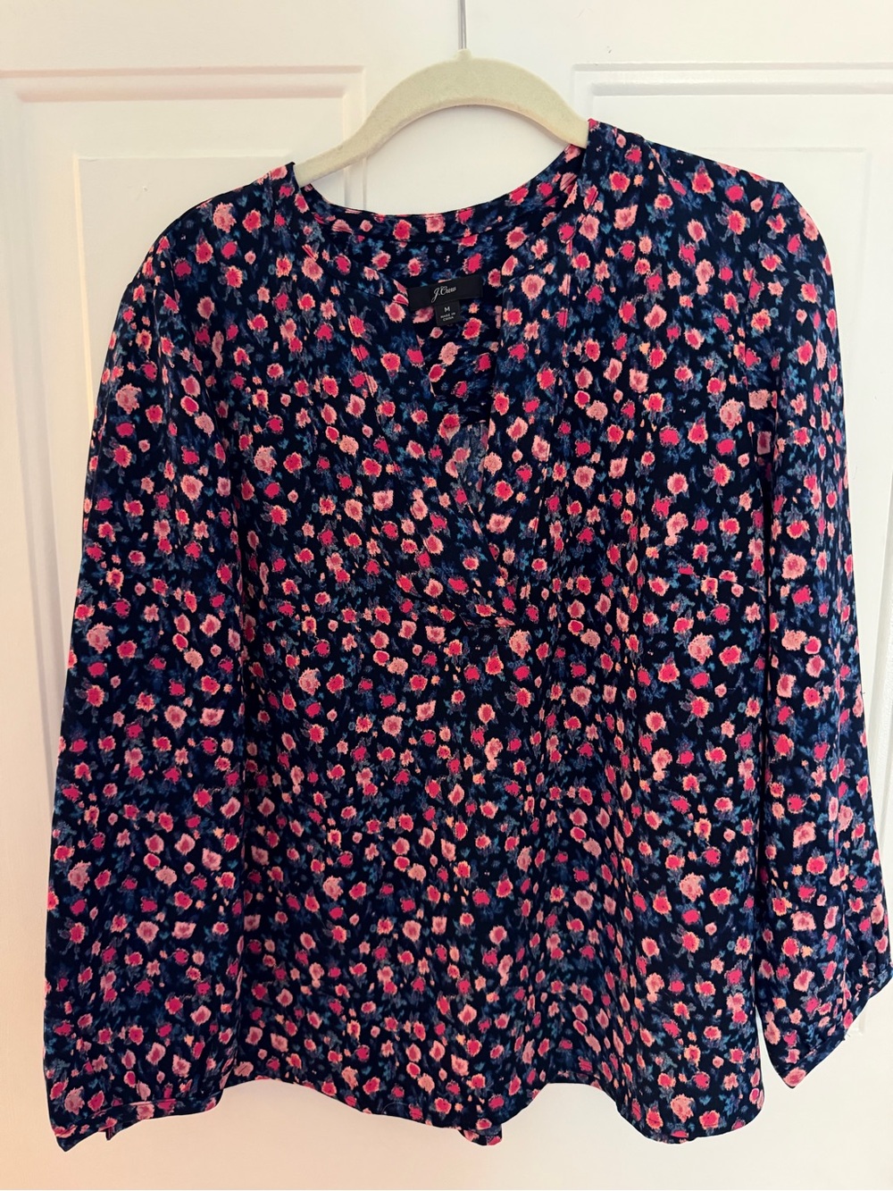 J. Crew Navy Blouse with Pink Floral Print